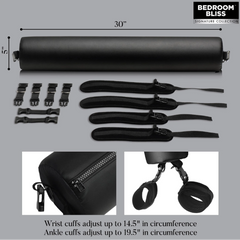 Sex Spreader bar kit laid flat showing 30-inch black roller, four cuffs, straps, and buckle hardware