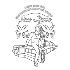 Sex Style Coloring Book back page illustration with classic car and palm tree design