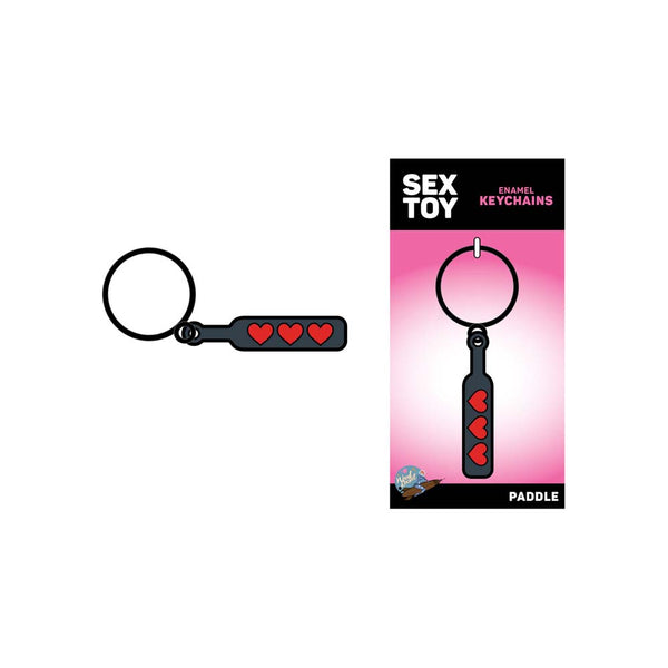 Sex Toy Enamel Keychains paddle design shown beside its pink retail card packaging