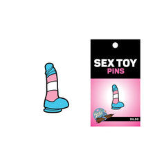 Sex Toy Pins dildo enamel pin shown beside its black and pink retail card packaging