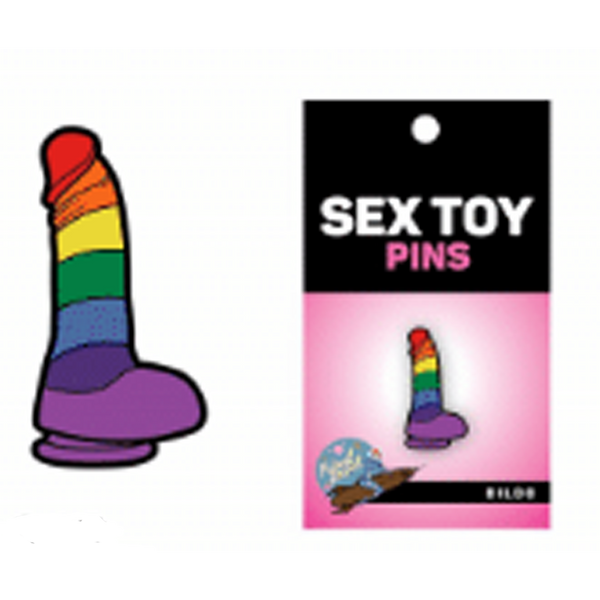 Sex Toy Pins packaging showing rainbow dildo enamel pin on pink and black display card