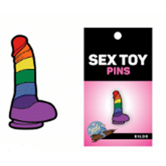 Sex Toy Pins packaging showing rainbow dildo enamel pin on pink and black display card