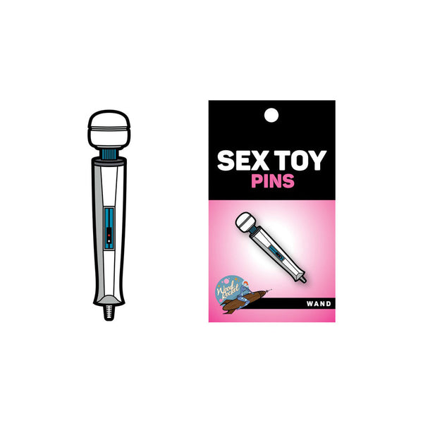 Sex Toy Pins wand massager pin beside black and pink retail card packaging