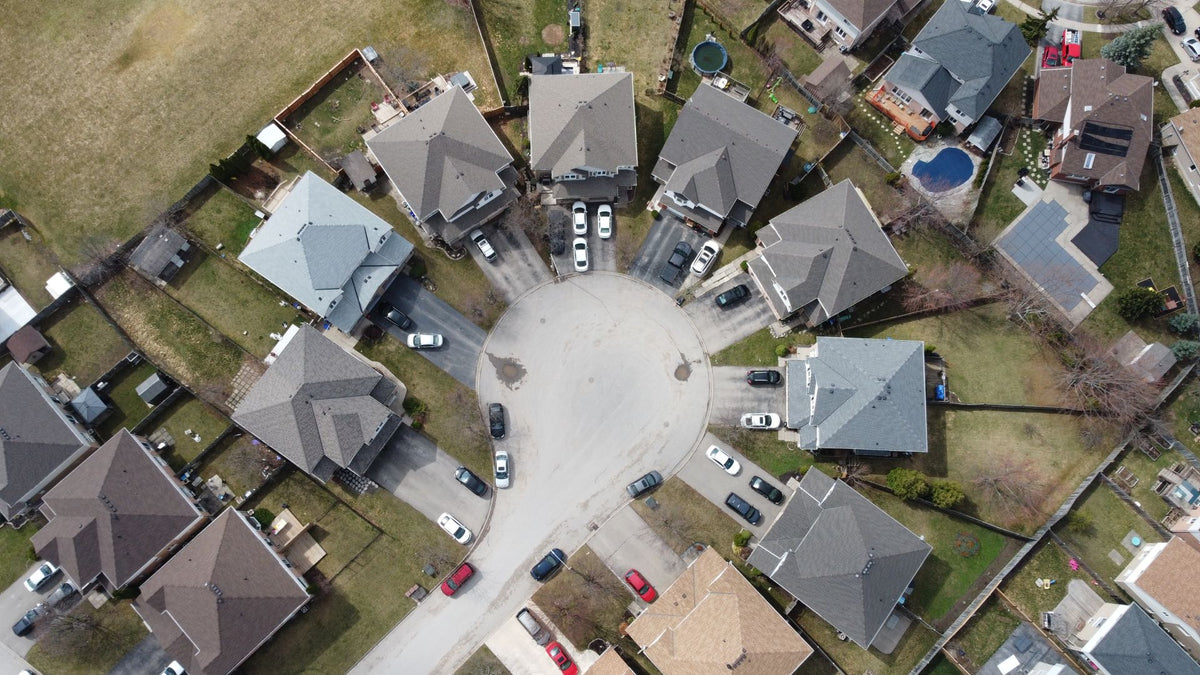 Aerial view of a suburban residential neighbourhood