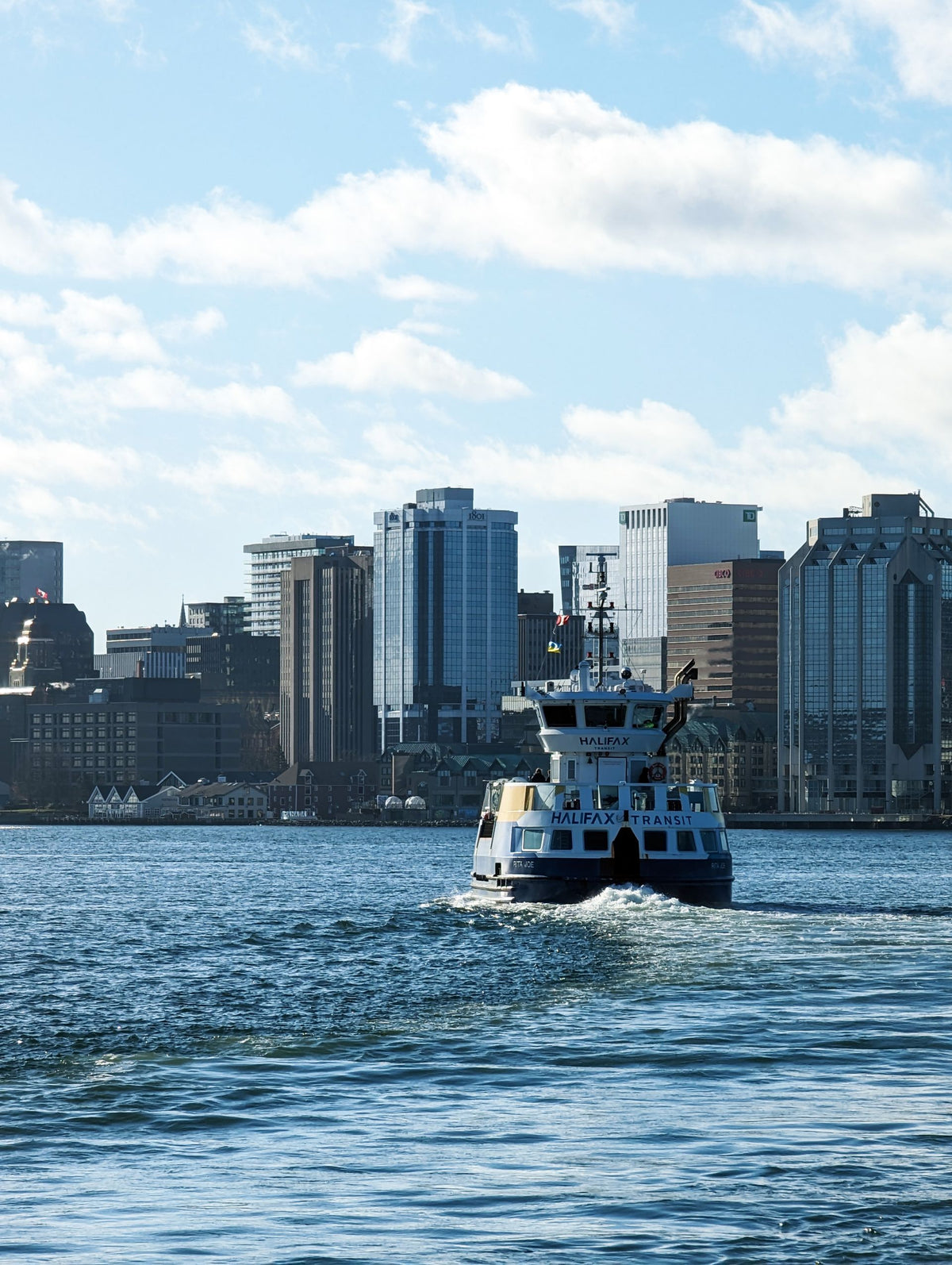 A Halifax Transit ferry crossing the harbour in front of the Halifax skyline