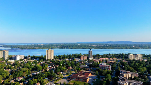 Aerial view of the Hamilton skyline and Lake Ontario