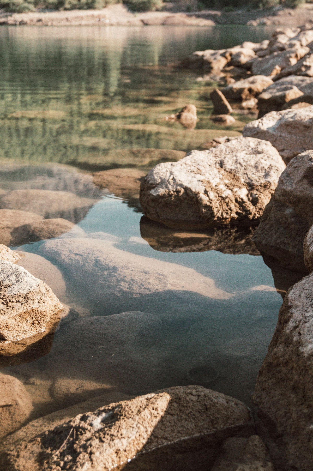 Rocks around the water on a lakeshore