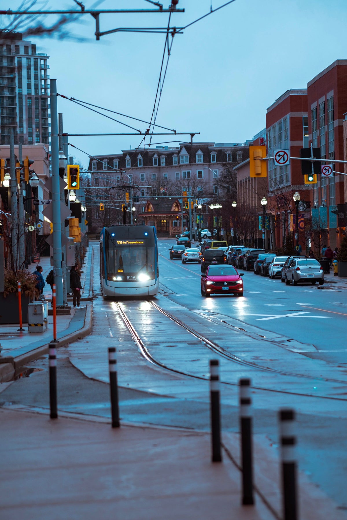 A light rail train in downtown Waterloo, Ontario