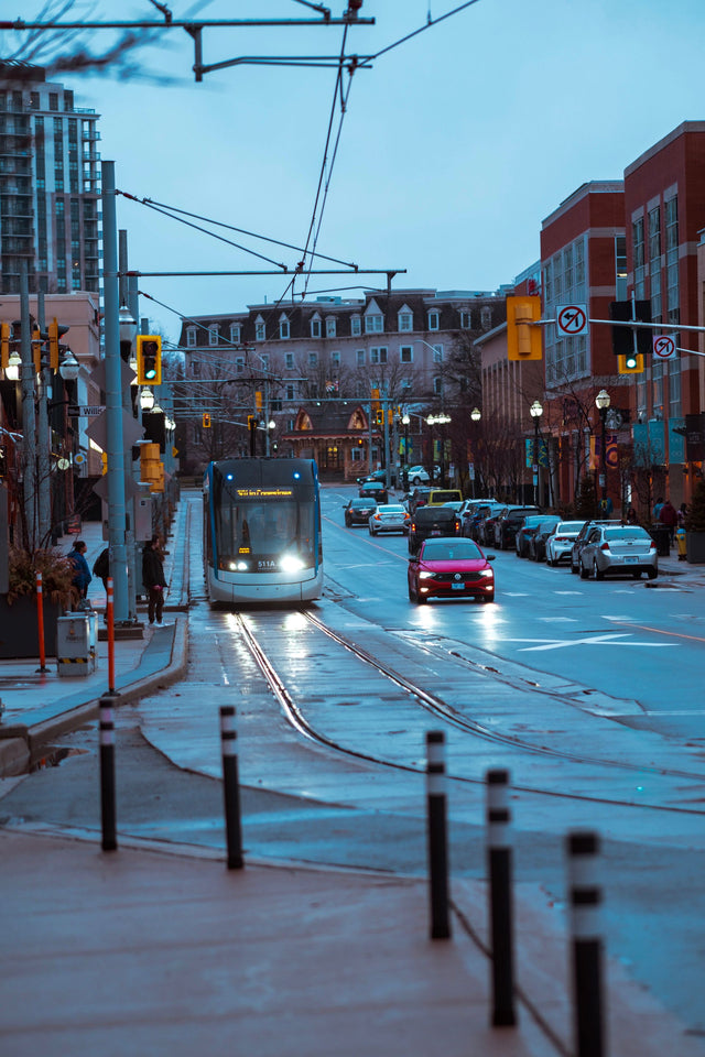 A light rail train in downtown Waterloo, Ontario