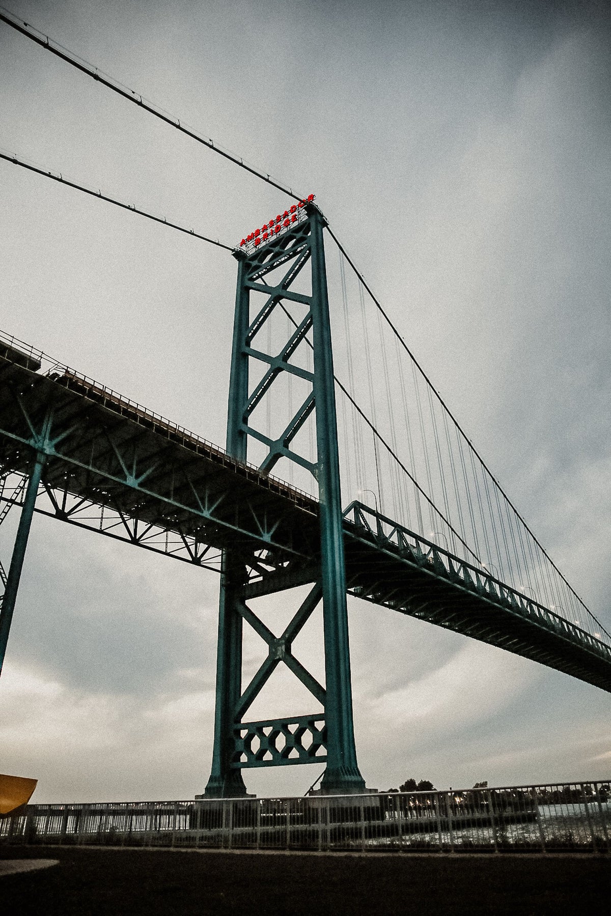 Steel tower of the Ambassador Bridge linking Windsor, Ontario and Detroit