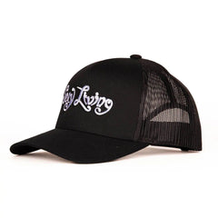 Sexy Living black trucker hat angled right, six-panel design with contrast mesh back and curved brim