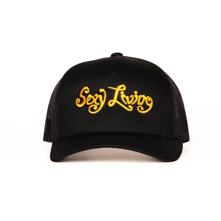 Sexy Living black trucker hat with gold embroidered script logo on structured front panel