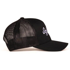 Sexy Living black trucker hat, side profile highlighting breathable black mesh rear construction
