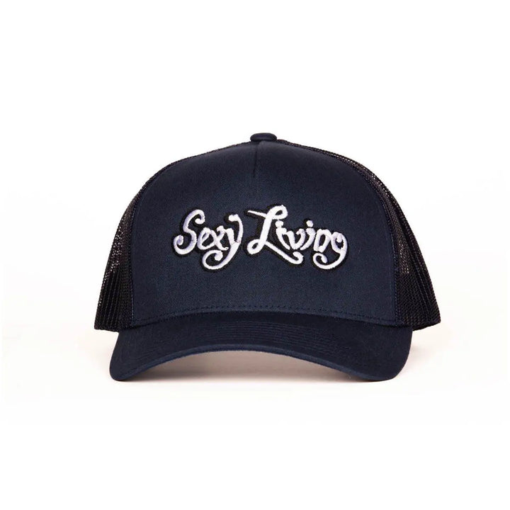 Sexy Living navy blue trucker cap with white embroidered script logo, front view