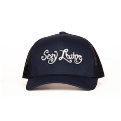 Sexy Living navy blue trucker cap with white embroidered script logo, front view