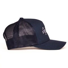 Sexy Living navy trucker hat side profile showing mesh back panel construction