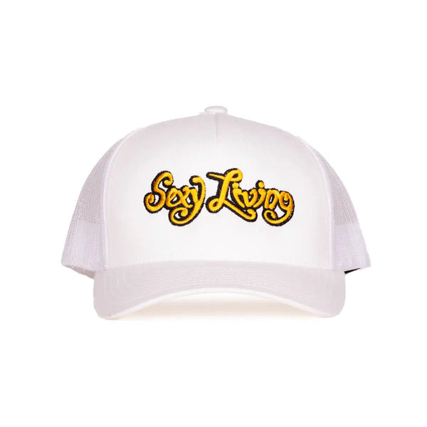 Sexy Living white trucker hat with gold embroidered script logo on structured front panel