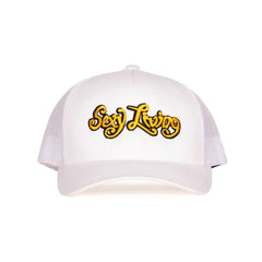 Sexy Living white trucker hat with gold embroidered script logo on structured front panel