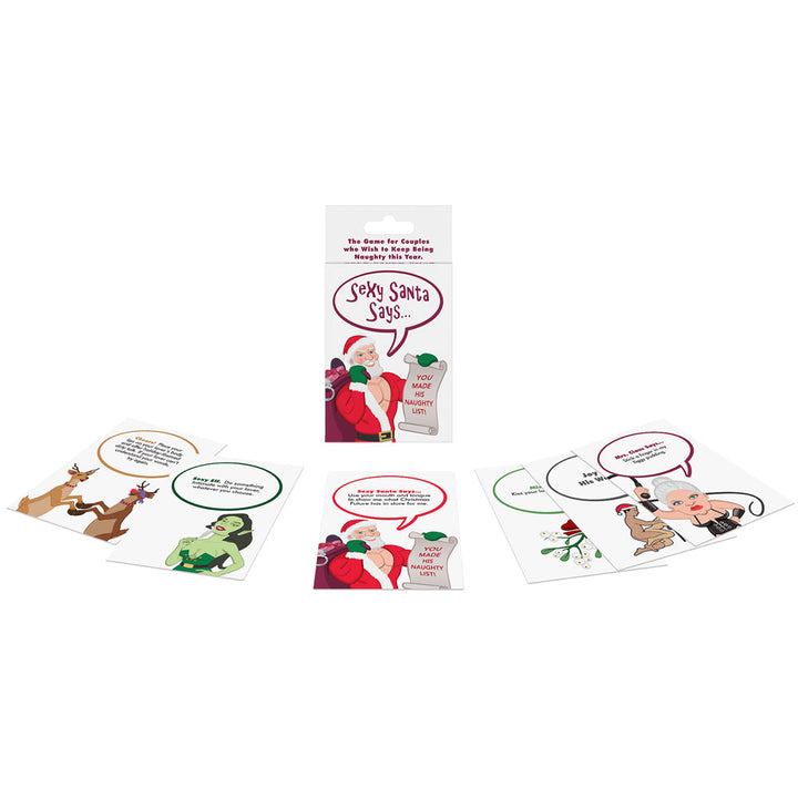 Sexy Santa Says card game by Kheper Games with illustrated holiday character cards displayed