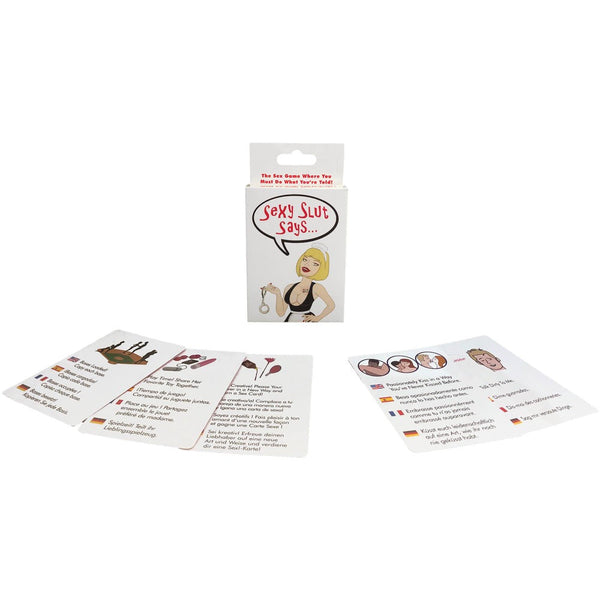 Sexy Slut Says card game box with spread multilingual playing cards on white background