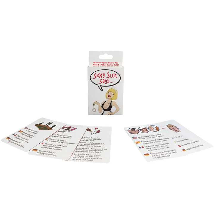 Sexy Slut Says card game box with spread multilingual playing cards on white background