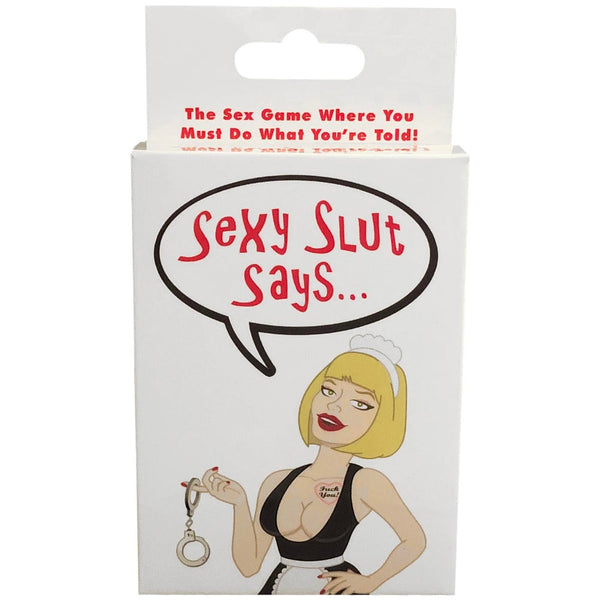Close-up of Sexy Slut Says card game packaging showing illustrated cover and tagline