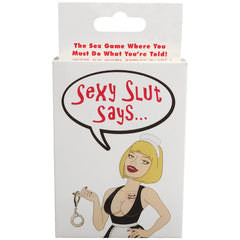 Close-up of Sexy Slut Says card game packaging showing illustrated cover and tagline