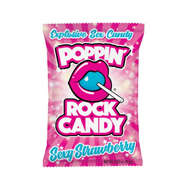 Sexy Strawberry Poppin' Rock Candy pink pouch showing flavour name and 0.35 oz net weight