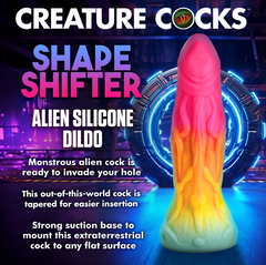 Shape Shifter Alien Silicone Dildo product details card showing tapered shaft and suction base features