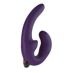 Sharevibe purple silicone double dildo showing curved insertable and external arm