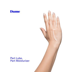 Sheer oil-based balm texture shown on back of hand, part lube part moisturizer
