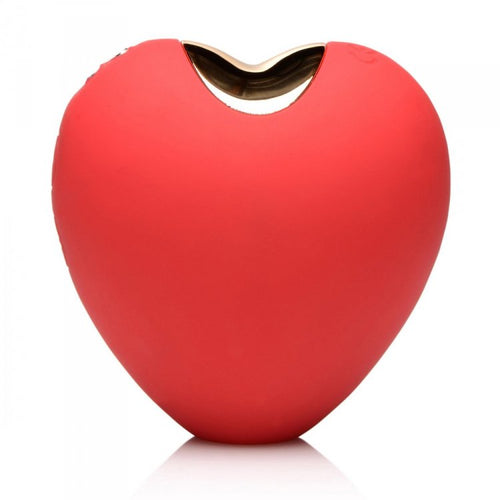 Shegasm 10X Heart's Desire red silicone clitoral stimulator, heart-shaped front view with gold-trim opening