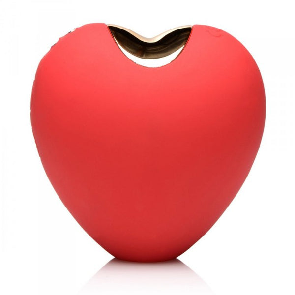 Shegasm 10X Heart's Desire red silicone clitoral stimulator, heart-shaped front view with gold-trim opening