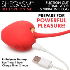 Shegasm 10X Love On Me charging via USB showing 1-hour run time and 2-hour charge time label