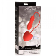 Shegasm 10X Love On Me retail box displaying dual-motor suction stimulator and vibrating egg set