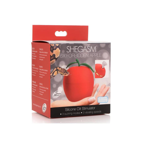 Shegasm 6X Forbidden Apple Silicone Clit Stimulator in retail packaging box, front view