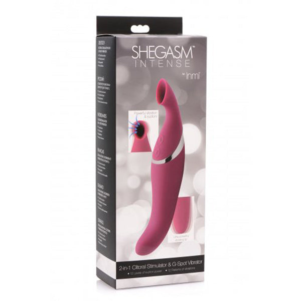 Shegasm Intense by Inmi in retail box showing 2-in-1 clitoral stimulator and G-spot vibrator product details