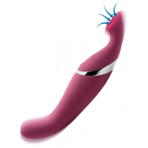 Shegasm Intense vibrator in pink silicone showing curved G-spot shaft and suction tip with airflow arrows