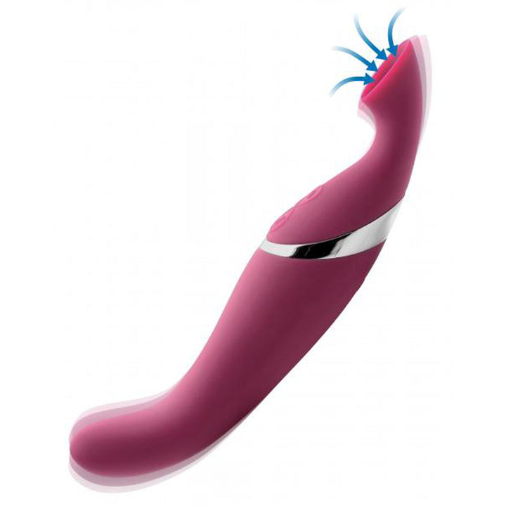 Shegasm Intense vibrator in pink silicone showing curved G-spot shaft and suction tip with airflow arrows