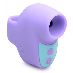 Shegasm Mini 12X suction stimulator in purple silicone with teal M and power buttons