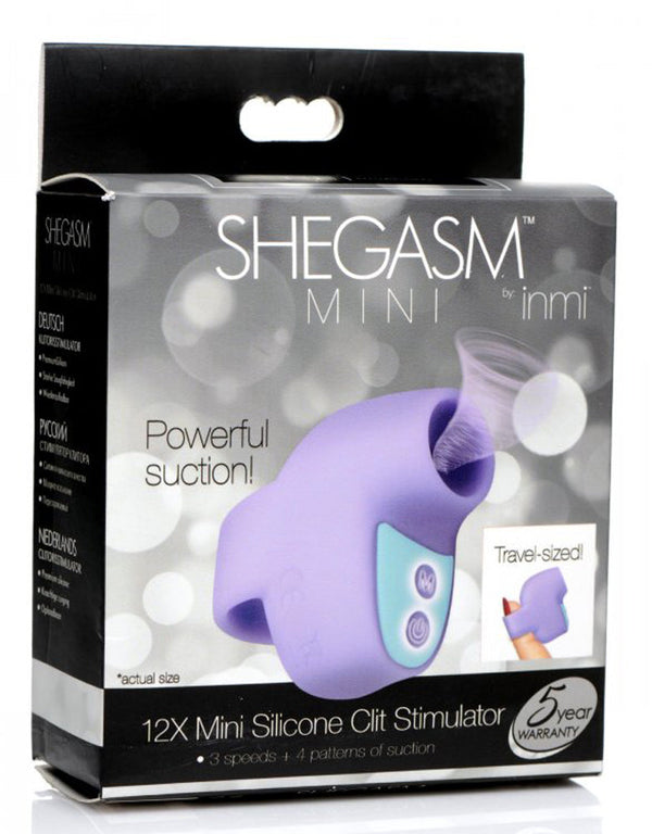 Shegasm Mini by Inmi retail box highlighting 12X suction patterns and 5-year warranty