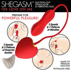 Shegasm packaging diagram showing 3 suction speeds, 7 vibration patterns, and phthalate-free silicone