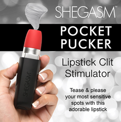 Shegasm Pocket Pucker Lipstick Clit Stimulator product title graphic with air-flow motion detail
