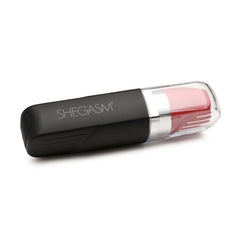 Shegasm Pocket Pucker lipstick stimulator shown with clear protective cap covering red tip