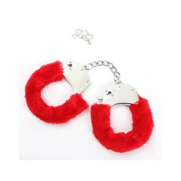 Shibari Hello Sexy Fuzzy Wrist Cuffs in red plush with silver metal hardware and two keys