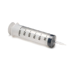 Side view of 300ml enema syringe showing clear barrel, plunger grip, and tapered nozzle tip