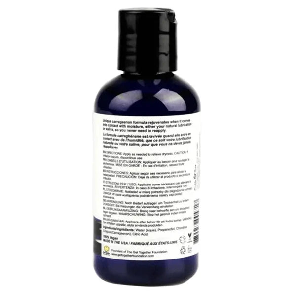 Side angle of 118 ml Waterslide moisturizer bottle displaying usage instructions and vegan seal