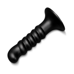 Side-angle view of b-Vibe Krush black ribbed dildo displaying full shaft length