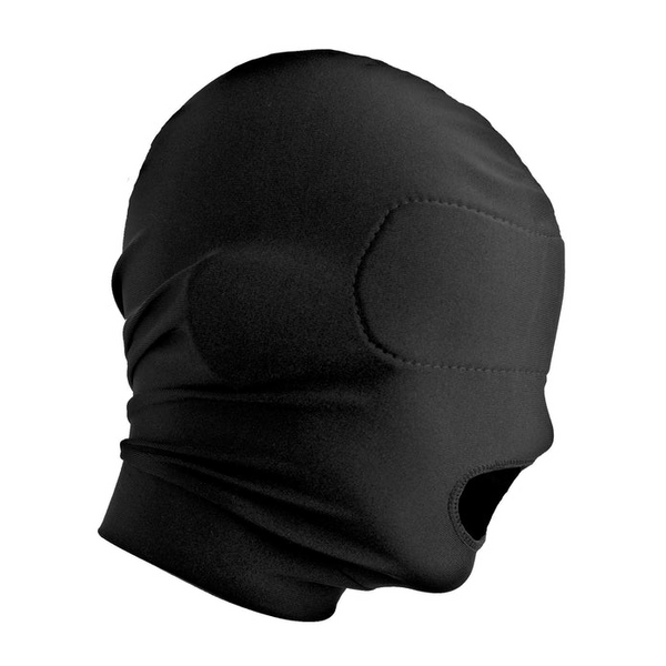 Side-angle view of black full-coverage hood with padded blindfold panel and open mouth cut-out