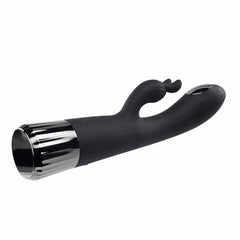 Side-angle close-up of black rabbit vibrator showing curved shaft and chrome handle